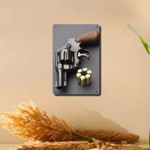 قطعة واحدة لافتة معدنية متنوعة الاستخدام على طراز الريفي، بشكل مسدس قديم، لوحة معدنية ساخرة مطبوعة بشكل مسطح 2D مع ثقوب مسبقة الحفر للتعليق السهل، تصلح لديكور الغرف والمنزل والمطبخ والمكتب والحديقة والخارج والنوم وغرفة المعيشة والمقهى والمطعم والخزنة والبار