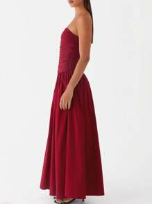 Women Tube Top Maxi Dress Elegant Sleeveless Strapless Ruched Flowy Dress Summer Long Wedding Party Cocktail Dresses - Red - View 5