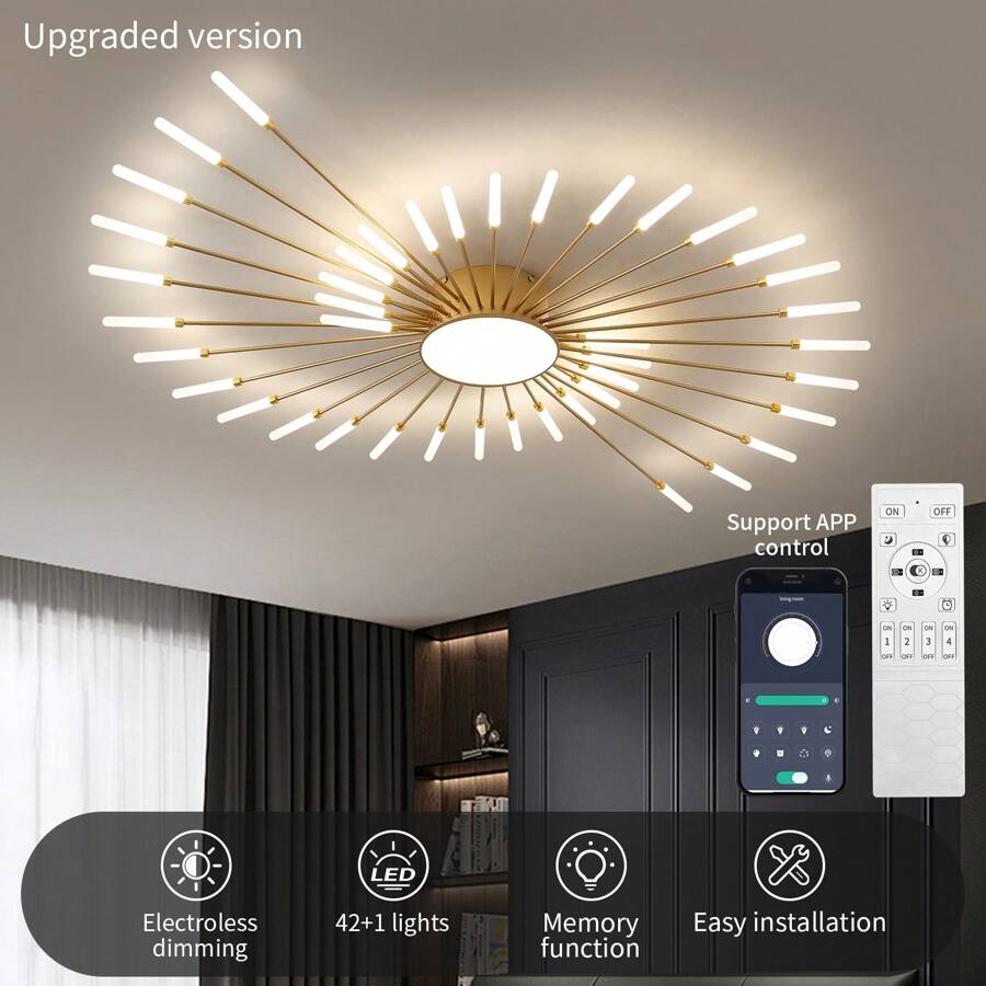 42 Lights Modern Flower-Shaped Ceiling Light , Recessed Metal & Acrylic Firework Petal LED Fixture For Living And Dining Rooms ,Remote Control Included - 金色 - 查看 1