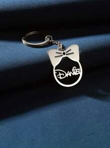 Customized Character Name Keychain - Stainless Steel, Cute Bow Design, Personalized Engraving, Round Shape, Fashionable Girl's Accessory - Multicolor - View 2