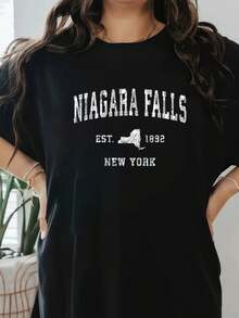 Camiseta con estampado vintage deportivo de las Cataratas del Niágara, Nueva York, NY - Prenda de vestir de manga corta y cuello redondo casual para mujer en primavera y verano - Negro - Ver 1