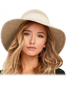 1pc Small Brim Korean Style Bow Strap Straw Hat - Straw Hat - View 21