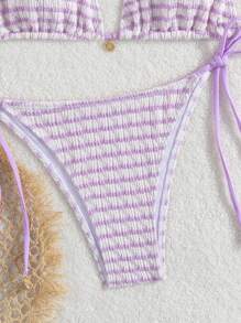 Ladies' Striped And Water Ripple Split Swimsuit Sexy Bikini SexHy Bikini Swimsuit Color Blocking Fashion High-End Hot Spring Party Bikini Careful Machine,European & American Style Sexy Halter Women Bikini Set Swimwear, For Summer Beach Vacation Hot Selling Swimsuits - Mauve Purple - View 4