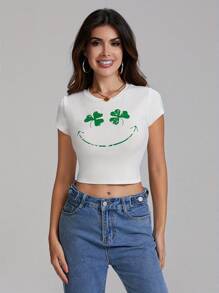 Womenacute;S Easter Crop Tee Cartoon BunnyEgg Print Short Sleeve Round Neck Slim Crop Tops