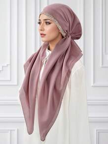 1pc Women's Solid Color Muslim Hijab Scarf, Fashionable Simple Sheer Fabric Head Wrap, Conservative Design For Outdoor Prayer, Breathable - Solid Color Rhinestone Turban Hat - View 21