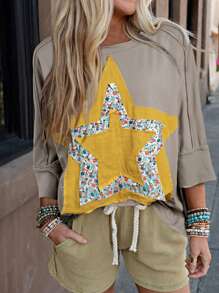Boho Retro Vintage 60's Vibe Cream Cotton Raglan Lantern Bubble Puff  Sleeve  Floral Rib Patchwork Top Sweat Shirt Blouse - 中號格雷 - 查看 1