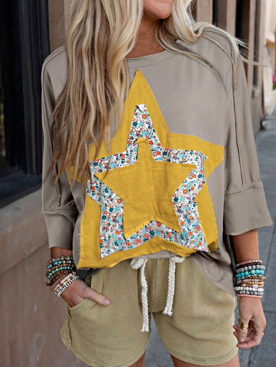 Boho Retro Vintage 60's Vibe Cream Cotton Raglan Lantern Bubble Puff Sleeve Floral Rib Patchwork Top Sweat Shirt Blouse - 中號格雷 - 查看 1