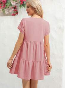 Stylish V Neck Babydoll Dress 2026 Summer Short Sleeve Loose And Flowy Mini Tunic For A Playful Look - Hồng - Xem 3