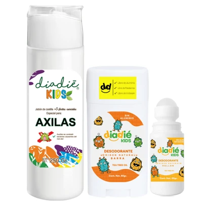 DIADIE KIDS Desodorante natural para niños 3PACK. Barra, rollon, Jabon. Elimina El Mal Olor axilas y pies. 3pack