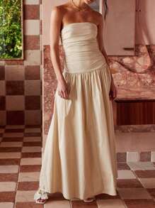 Women Summer Long Dress Y2k Strapless Tube Dress Elegant Off Shoulder Maxi Dresses Sleeveless Swing Flowy Dress Wedding Party Formal Cocktail Dresses Beach Vacation Clothes Dress Sundress - 卡其色 - 查看 3