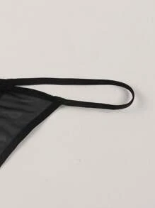 Plus Size Women's Black Sexy Semi-Sheer Panty With Red Chili & White Letter Print, Thong
