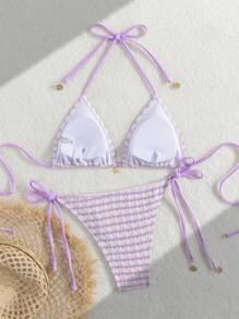 Ladies' Striped And Water Ripple Split Swimsuit Sexy Bikini SexHy Bikini Swimsuit Color Blocking Fashion High-End Hot Spring Party Bikini Careful Machine,European & American Style Sexy Halter Women Bikini Set Swimwear, For Summer Beach Vacation Hot Selling Swimsuits - Mauve Purple - View 2