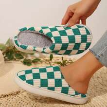 Pantuflas de algodón para mujer - Pantuflas de habitación lindas y a cuadros para mujeres - Verde - Ver 8