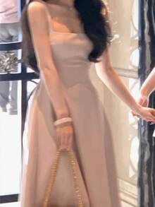 Romantic Pink Square Neck Elegant A-Line Sleeveless Midi Spring Summer Graduation Dress - Baby Pink - View 7