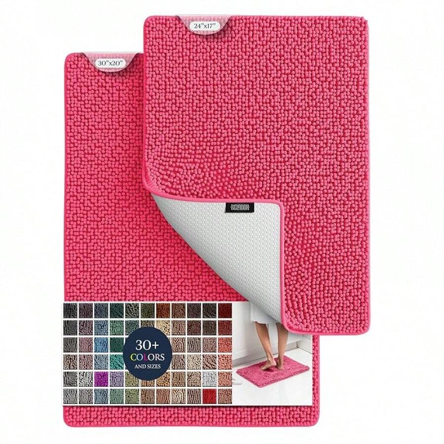 BELADOR Bathroom Rugs Sets 2 Piece- Plush Bath Mat Set Quick-Dry Soft Chenille Mat With Rubber Backing, Absorbent Rug Set, Washable Bath Rugs - Bath Mats 24x17 + 30x20 - Hot Pink - View 1