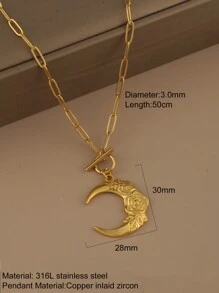 1pc Stainless Steel OT Clasp Chain Necklace With Sun Moon Star Pendant, Women Fashion Jewelry, Holiday Gift - Yellow Gold - View 19