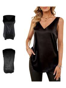 Women Elegant Satin Silk Tank Vest,Sleeveless V Neck Solid Loose Summer Ladies Tops For Casual Daily - Black - View 7