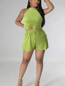 2 件性感褶皱无袖背心和休闲短裤套装