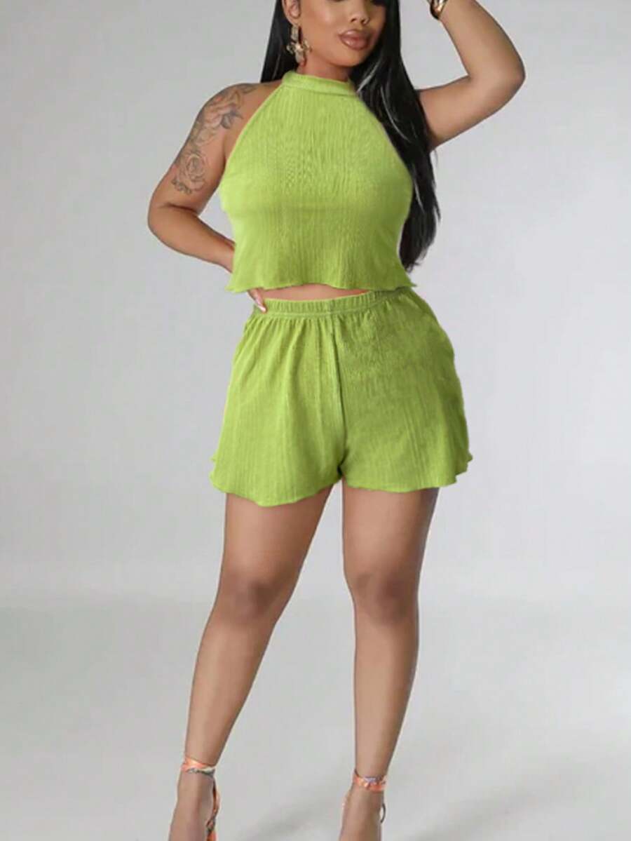 2 件性感褶皱无袖背心和休闲短裤套装