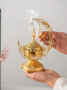 1pc Moon Shaped Metal Incense Burner, Black & Gold, Minimalist Modern Style, Luxury Style Incense Holder, Middle Eastern Arabic Incense Burner, Suitable For Home, Living Room, Office, Hotel, Holiday Decor - Multicolor - View 4