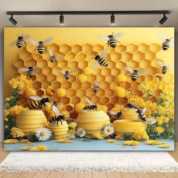 Bee Party Pattern Multi-Purpose Photo Background, Honeycomb Wall Outdoor Festival Christmas Wedding, Home & Garden Decor