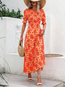 Women Casual Summer Crew Neck Ruffle Short Sleeve Floral Print Polka Dots Smocked Dress Button Keyhole Back Spring Boho Bohemia Tropical Flowy Beach Holiday Vacation Valentine Long Maxi Dress - trái cam - Xem 3