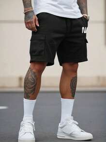 Men's Casual Letter Print Utility Shorts - Black - View 2