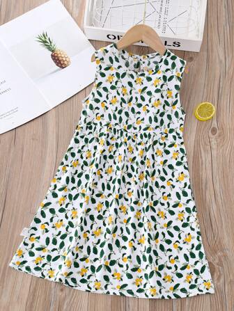 1pc Young Girl Sleeveless Ditsy Floral Princess Dress, Fashionable Summer Dress, Comfortable And Cooling For Girls