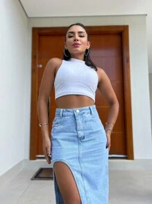 Midi Denim Skirt With Slit Women's Long Midi Skirt High Waist Slit Design One-Sided Thigh Split - 淺色水洗藍 - 查看 5