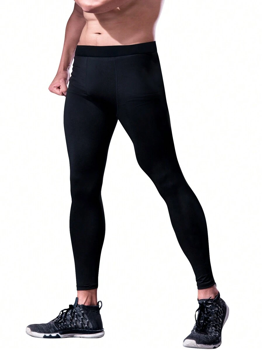 Men's Solid Sports Leggings, Active Quick Drying High Stretch Breathable Sports Compression Pants For Outdoor Running Training