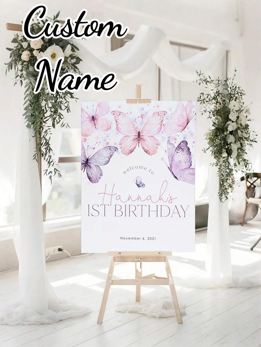 1pc- Custom Name Frameless Poster - Pink Butterfly Birthday Welcome Poster, Birthday Welcome Sign Printed Canvas Poster, Personalized Drawing Board, Outdoor Poster - Custom Date Poster, Butterfly 1st Birthday Welcome Sign