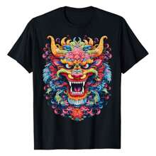 Dragon Face Colorful Art Graphic Artwork Anime T-Shirt,220g Pure Cotton Single-Sided Printed Round Neck Short Sleeved Shirt.