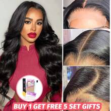 4x4 蕾丝闭合假发 人发波浪透明蕾丝前部假发 女士 180 密度蕾丝闭合假发 预拔婴儿头发 柔软光滑 自然黑色 - 黑色 - 查看 1