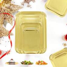 10 件金色纸盘，轻质矩形餐盘，一次性盘子，大号餐具食物托盘，适用于饼干蛋糕甜点小吃开胃菜节日野餐派对用品生日