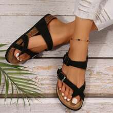 Comfortable Women's Cork Footbed Sandal With Adjustable Buckle For Summer Beach Sandals - màu đen - Xem 8