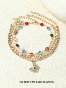 3 件装优雅甜美蝴蝶和星球水钻装饰脚链，适合女孩，珠子颜色随机