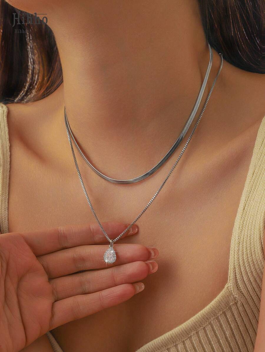 Hihho Set Kalung Liontin Zirkonia Mikro Bertatahkan Bentuk Tetesan Air Bergaya Vintage (2 buah), Cocok untuk Dipakai Sehari-hari dan Sebagai Hadiah untuk Wanita - Perak - View 1
