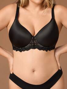 Elegant Black Satin Minimizer With Lace Trim T-Shirt Bra – Women's Plus Size, Compression, Lift, Full Coverage & Ultimate Comfort