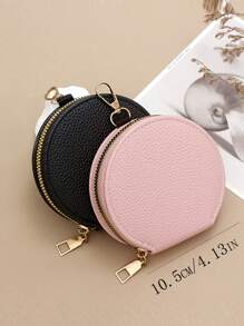 圆形拉链零钱包，便携式迷你圆形皮革纹理耳机包，钥匙包 - 彩色 - 查看 4