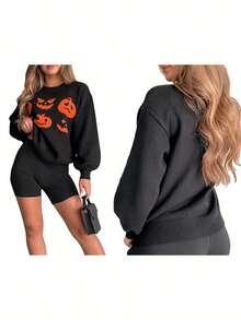 Suéteres de otoño para mujer, de Halloween, con estampado de cara de fantasma de calabaza, manga larga, cuello redondo, prendas de punto - Negro - Ver 2