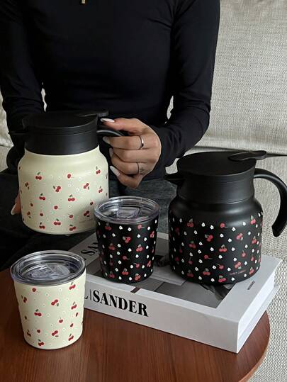 1 pieza Tetera/Cafetera/Jarra de agua de 800ml de acero inoxidable con pared doble aislada y diseño de flores de cerezo, adecuada para oficina, restaurante, exterior, escuela, hogar, gran regalo para Navidad, Día de los Enamorados, Día de la Madre, vuelta al colegio