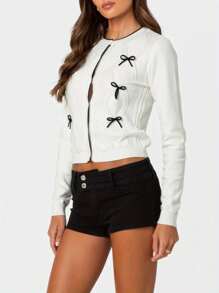 Women's Button Down Knit Cardigan 3D Bow Long Sleeve Crew Neck Crop Sweater For Spring Fall - White - View 4