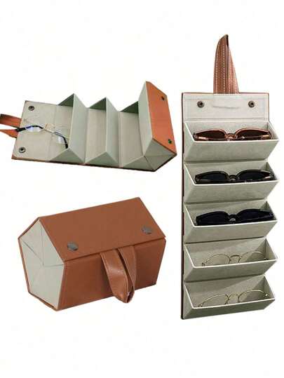 1个5格旅行眼镜盒太阳镜收纳盒可折叠多副眼镜盒皮革便携式眼镜盒，男女通用，简约可折叠眼镜收纳盒，旅行便携整理盒，眼镜架