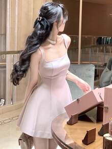 优雅纯色派对芭蕾舞裙夏季纯色紧身胸衣公主生日 Y2K 短款连衣裙宽肩带女装 - 粉色 - 查看 6