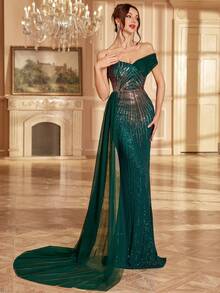 女士亮片闪亮派对鸡尾酒会礼服、修身露肩紧身礼服、婚礼宾客礼服、正式礼服、晚礼服