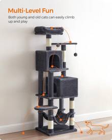 Feandrea Cat Tree, 61-Inch Cat Tower For Indoor Cats, Plush Multi-Level Cat Condo With 5 Scratching Posts, 2 Perches, 2 Caves, Hammock, 2 Pompoms - Grey - View 3