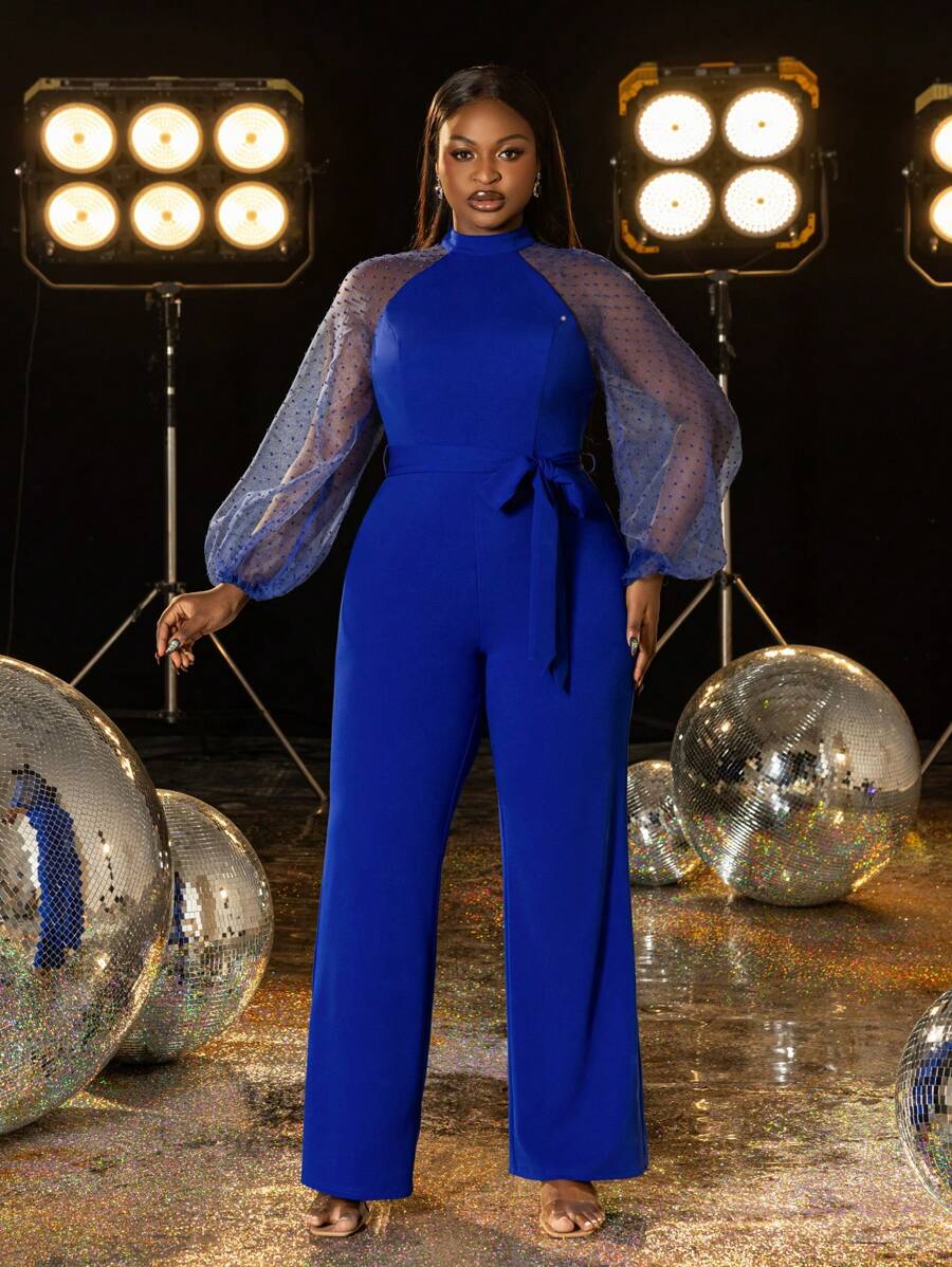 Faeriesty Plus Polka Dots Tulle Sleeves Belted Wide Leg Jumpsuit