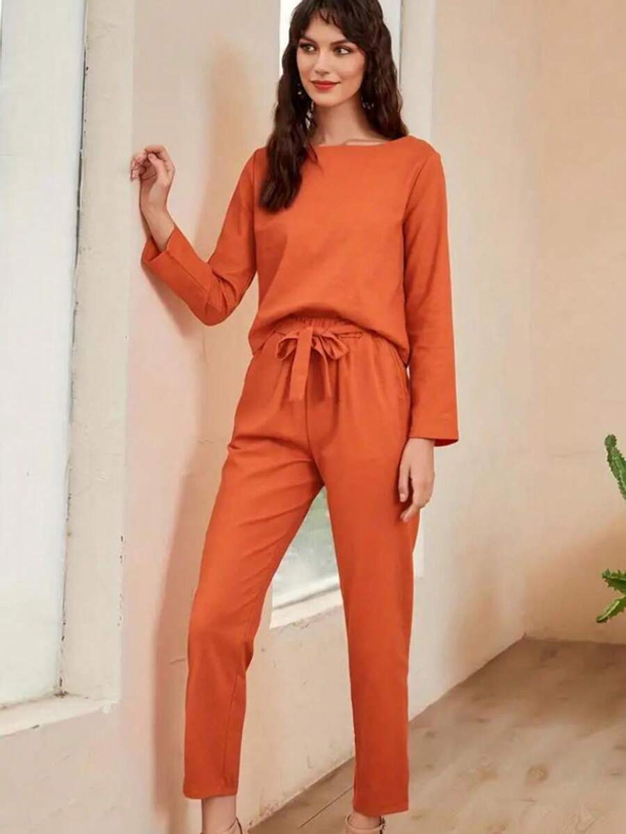 SANOPY Sweatsuits Women 2 Piece Outfit,Jumpsuits For Women,Cotton Pajamas For Women Set,Womens Long-Sleeved Trousers Casual Solid Color Suit Pant Pocket Casual Two-Piece Suit - 橘色 - 查看 1