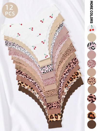 12pcs/Pack Women Comfortable Breathable Cute Printed Wavy Seamless Panties, Suitable For Daily Wear, Sports, Yoga - V-Shaped Waistline