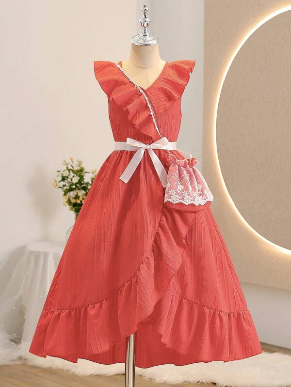 Sukienka dla dziewcząt w stylu tween z falbaniastym brzegiem i koronkową lamówką, elegancki wygodny zestaw sukienek na co dzień